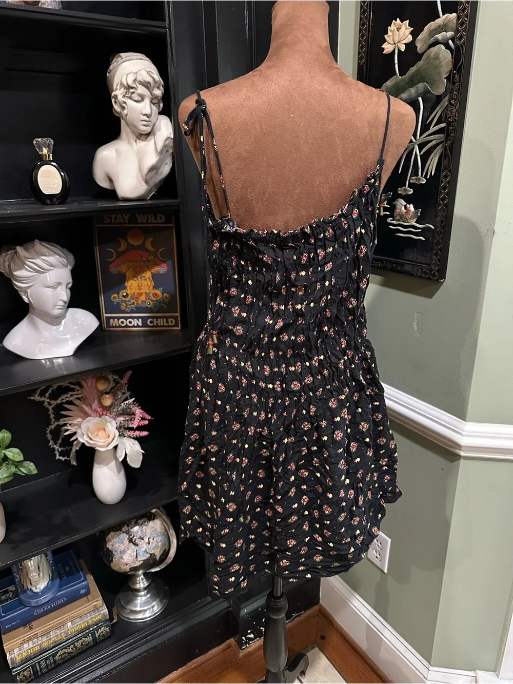 Free People “Clementina” Black Floral Smocked Dress Size Small